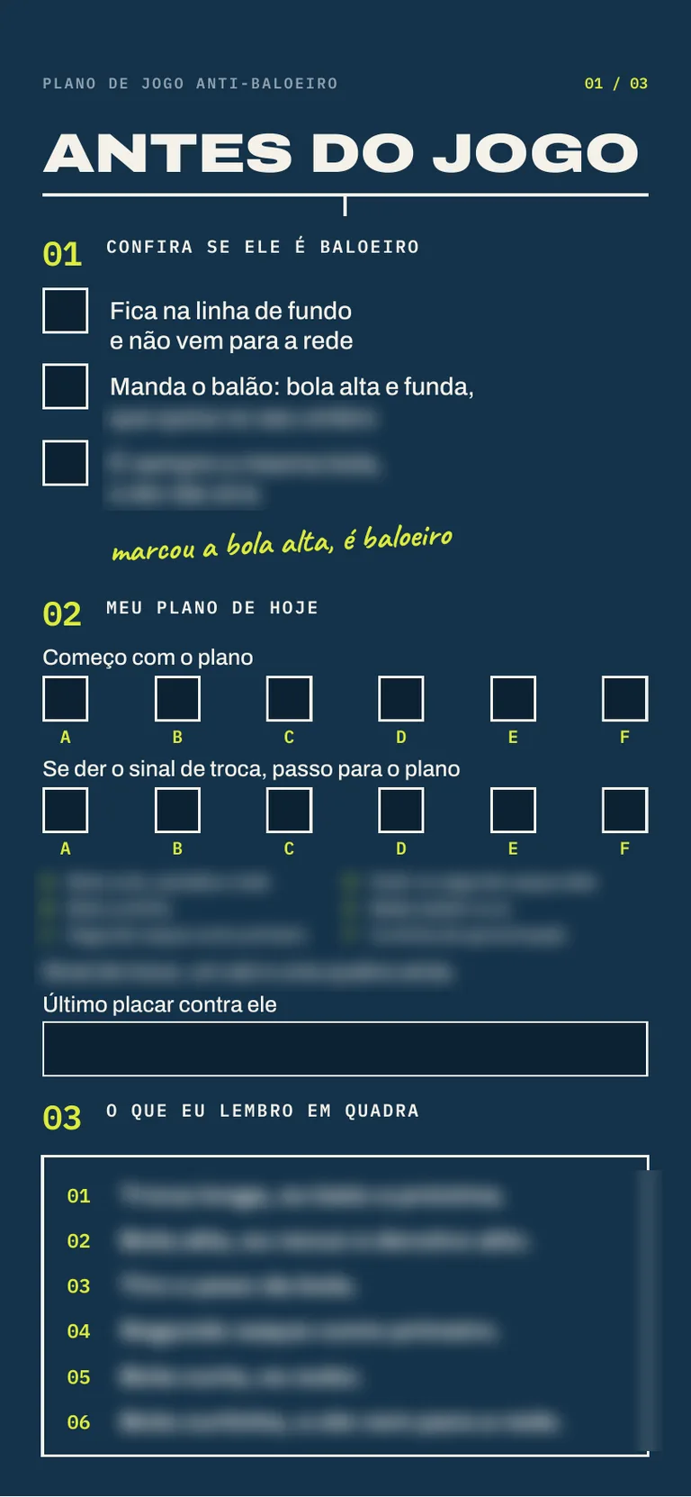 Cartão antes do jogo: identificação do baloeiro, plano do dia, plano reserva e lembretes de quadra