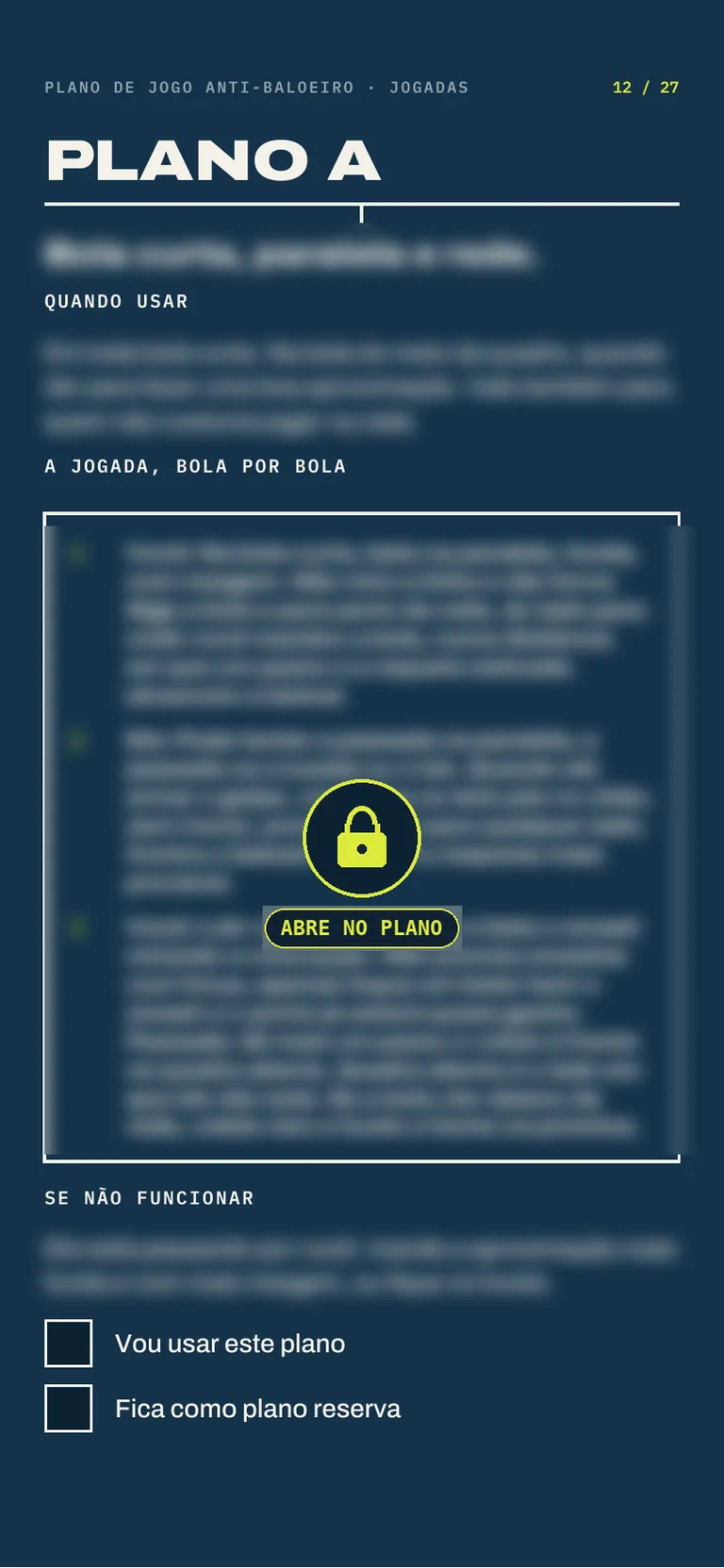 Página real do Plano A com texto desfocado e selo de cadeado